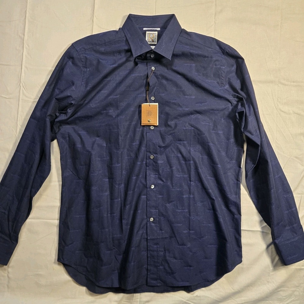 NWT R by Robert Graham Sportscar Jacquard Mens Large Navy Lng Sleeve Button Down